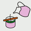 An animation of a drawn image of a pink candle with a wick being set.  A pitcher with melted pink wax pours into the candle and sets upright over and over again.