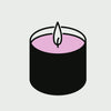 An animation of a black candle with pink wax graphic.  As the video plays, the flame flickers from white to orange.